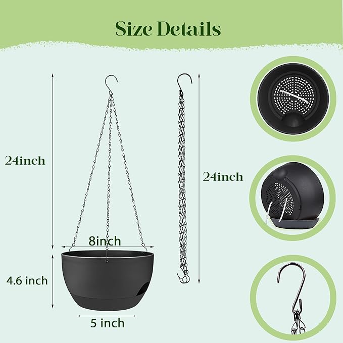 Set of 4-8 Inch Self Watering Hanging Planters for Indoor Outdoor，Hanging Plant Pots with Drainage & Removable Tray, Hanging Pots Holder for Ivy, Pothos, Ferns, Balcony & Patio, Black