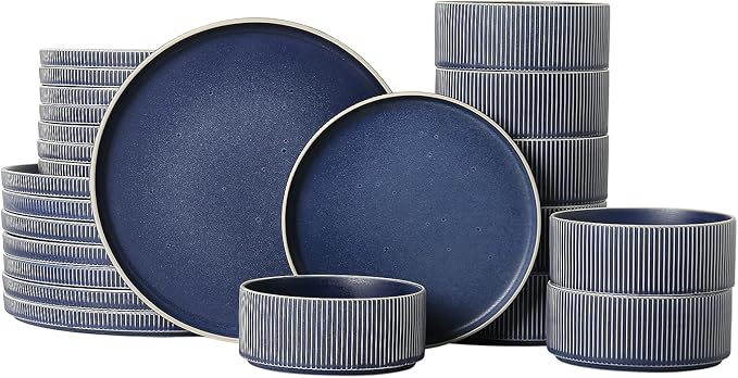 Dinnerware Set Service for 8, 24-Piece Ceramic Plates and Bowls Set, Chip & Scratch Resistant, Microwave and Dishwasher Safe, Modern Minimalist Tableware for Everyday Use, Matte Blue