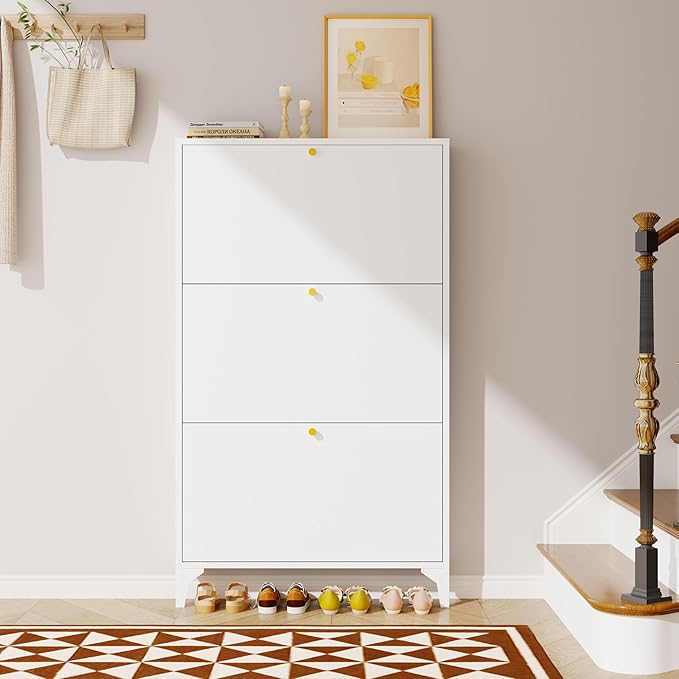Slim Shoe Cabinet with 3 Flip Drawers,Narrow Shoe Cabinet,Freestanding Organizer,Metal Hidden Shoe Storage for Entryway,Hallway,Living Room(Width 27.56, White)