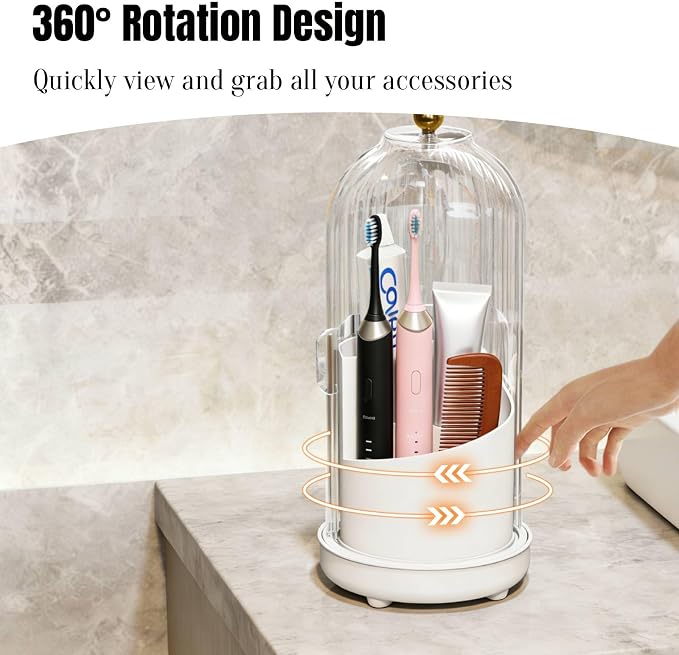 JEESA Dustproof Toothbrush Holder Organizer with Drainage, White | Sliding Door Cover, 360 Rotating, 3 Slots, Bathroom Countertop