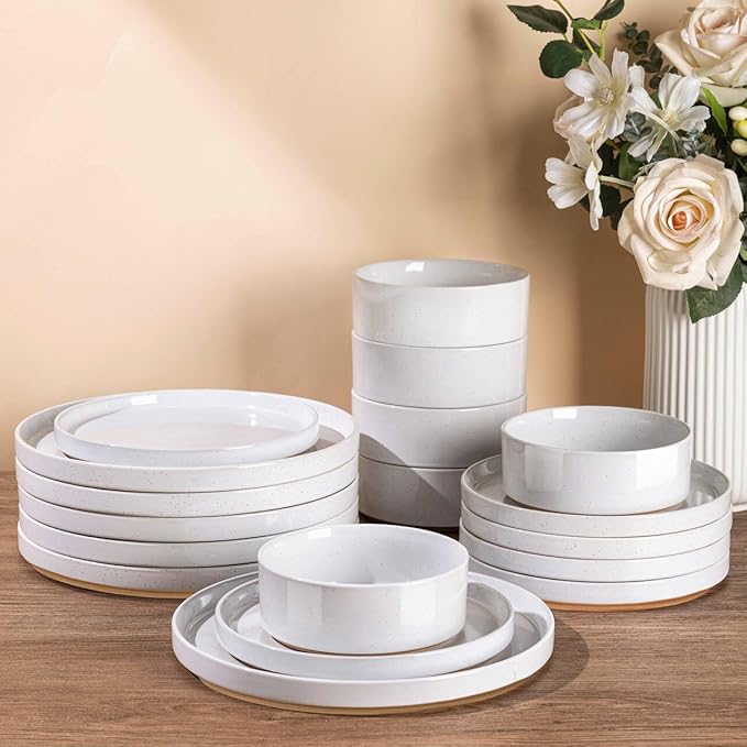 AmorArc Ceramic Dinnerware Set for 8 | Speckled Stoneware Plates and Bowls with Rustic Terracotta Underside| Scratch Resistant,Dishwasher & Microwave Safe Dishes Sets- 24pcs White