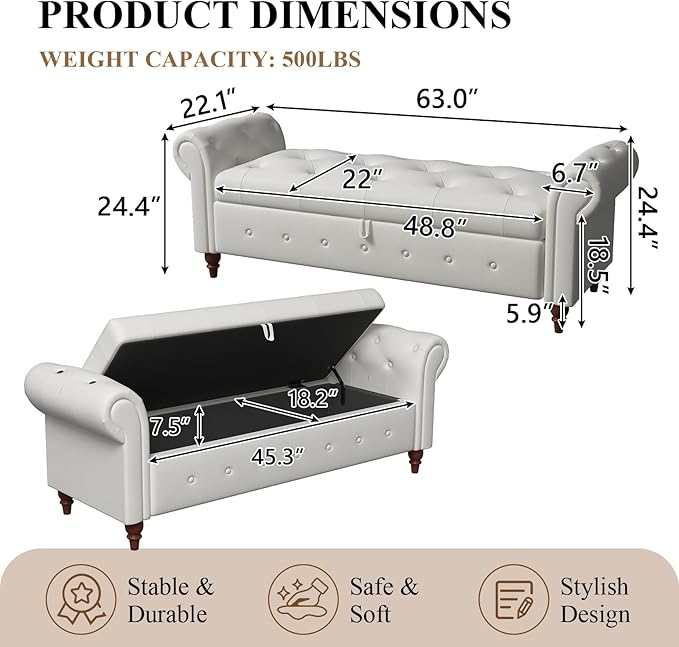 Modern 63'' Storage Ottoman Bench, Upholstered End Bed Bench with Curved Armrest, Button Tufted Entryway Bench with Wood Legs, Bed Bench for Bedroom, Living Room, Hallway (Beige)