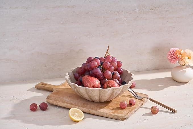 Large Decorative Bowl, Modern Storage Bowls for Home Decor, Artificial Stone Beige Color, Stylish Decorative Fruit Bowl for Kitchen Counter, Key Bowl for Entry Table, Ruffle Decor