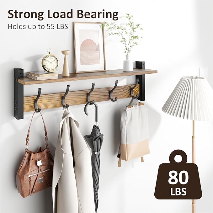 Optish Coat Rack Wall Mount with Shelf, 24 Inch Coat Hanger Walls Mounted, Hat Rack for Walls, Shelf with 5 Coat Hooks, Wall Hanger for Entryway (Brown)