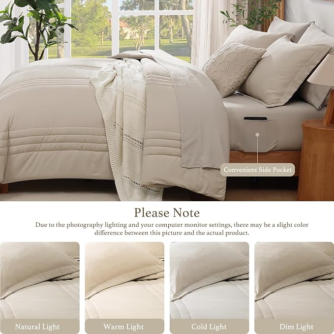 Monbix Oversized King Size Comforter Set - 7 Pieces Apricot Beige Bed in a Bag Oversized King Bedding Sets with Comforters, All Seasons Comforter Bed Set with Sheets, Pillowcases & Shams
