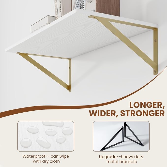 Heimlove Deep Floating Shelves for Wall, 24W x 12D Wood Wall Shelves Set of 2, Wide Floating Bookshelf for Living Room, Kitchen, Office, Bedroom and Decor Storage, with Golden Bracket - White & Gold