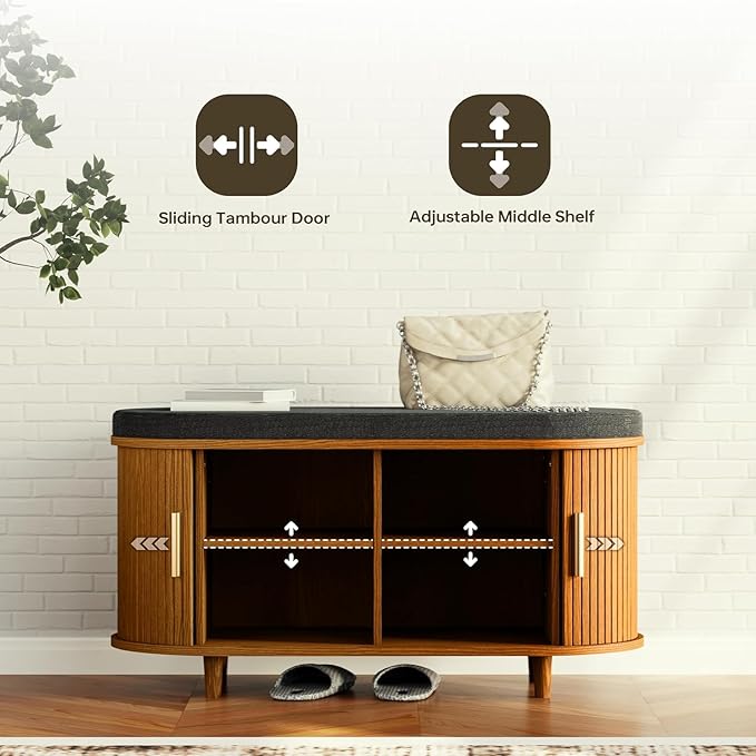 Entryway Bench with Storage: 35.4" Wooden Bedroom Shoe Bench with Thickened Padded Seat Cushion, Mid Century Modern Fluted Sliding Door and Adjustable Shelf, for Entryway, Living Room