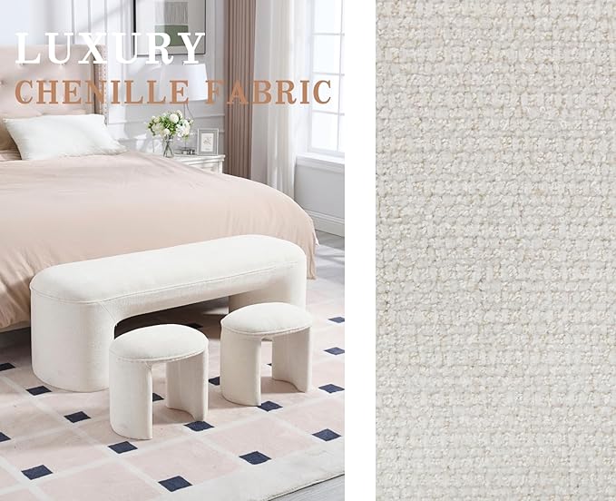 ROCITY 3-Piece Nesting Ottoman Bench Set, 53 Inch Long Bedroom Bench with 2 Foot Stools Chenille Padded End of Bed Bench Modern Upholstered Bench for Living Room, Entry, Porch, White