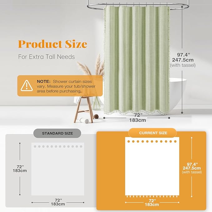 BTTN Boho Farmhouse Shower Curtain - Linen Rustic Heavy Duty Striped Fabric Shower Curtain Set with Tassel, Bohemian Vintage Country Cloth Shower Curtains for Bathroom，Sage Green，72" W x 96" L
