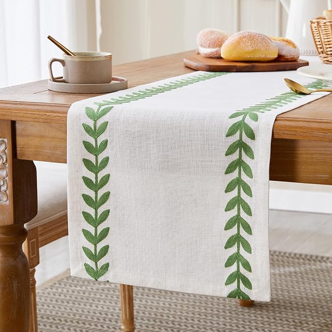 Wracra Embroidered Table Runner Irregular Willow Leaf Table Runners 48 Inches Long for Dresser Home Dining Table Decor,14 x 48 Inch, Green