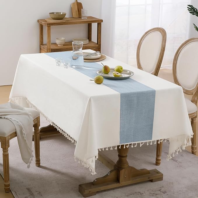 Softalker Outdoor Tablecloth Rectangle, Waterproof Linen Cotton Farmhouse Table Cloths with Tassel, Heavy Weight Wrinkle Free Boho Table Cover for Picnic Camping Dining - 55 x 84 Inch, Blue Stripe