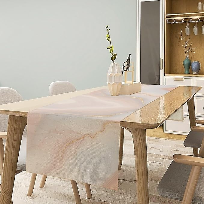 Marble Table Runner, Fantastic Soft Pink Gold Textured Art Table Runner for Kitchen Dining Cafe Party Wedding Birthday Decor, 13x70 Inch
