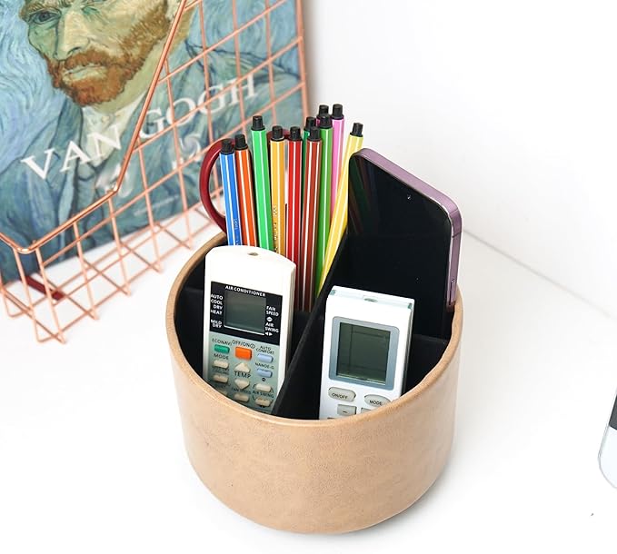 Round Leather Art Supply Organizer,Remote Control Holder,360 Degree Spinning,Multi-Functional Pencil Holder,4 Compartments Desktop Stationary Organizer(1-Oil Yellow)