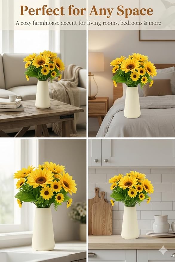 Ceramic Vase with Artificial Flower Bouquet - Modern Farmhouse Home Decor Deals - Matte Ivory White Pottery Centerpiece for Living Room Coffee Table Bedroom Kitchen & Dining Gift