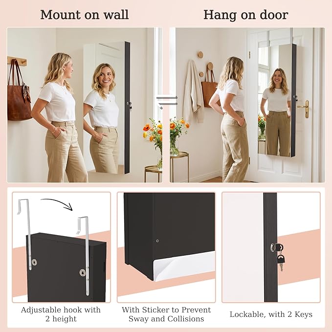 Unisakey Mirror Jewelry Cabinet,Lockable Wall or Door Mounted Jewelry Armoire Organizer With Built-up Mirror,LED Lights, Drawers,Cosmetic Trays,Shelves, 14.4"x3.15"x 43.1"（Black）