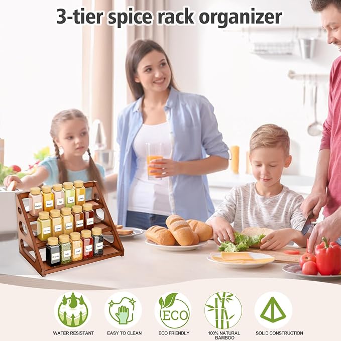 Spice Rack - Tiered Spice Rack Organization for Cabinet - 3 Tier Bamboo Display Spice Shelf for Countertop