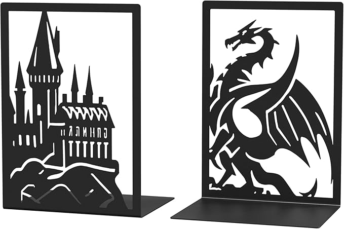 Metal Bookends for Shelves Room Decorative, Creative Dragon Bookends Heavy Duty Study Bookends Stoppers Holder Stand for Desk Shelf Office, H&P Book Ends to Support Books (Dragon Castle, 1 Pair)