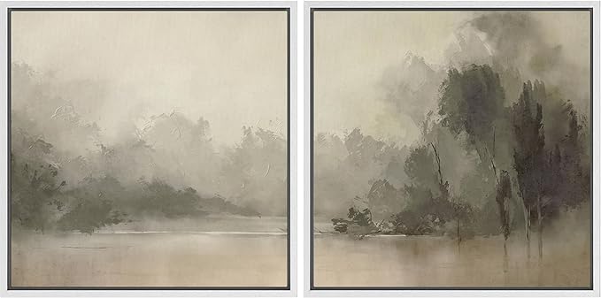 SIGNFORD Framed Canvas Print Wall Art Set Mystic River Fog Waterfront Nature Illustrations Modern Art Minimal Relax/Calm for Living Room, Bedroom, Office - 24"x24"x2 White