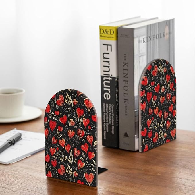 Red Love Heart Leaves 2 Piece Wood Decorative Bookends 6.7x4.2 in, Book Ends for Home Office Library Shelves Decor Room Kitchen Desktop