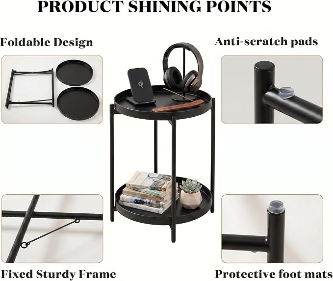 TeoKJ 2 Tier Round Side Table, Folding Round Metal End Table Small Nightstand with Two Removable Tray for Bedroom Living Room Bedside Small Spaces Black
