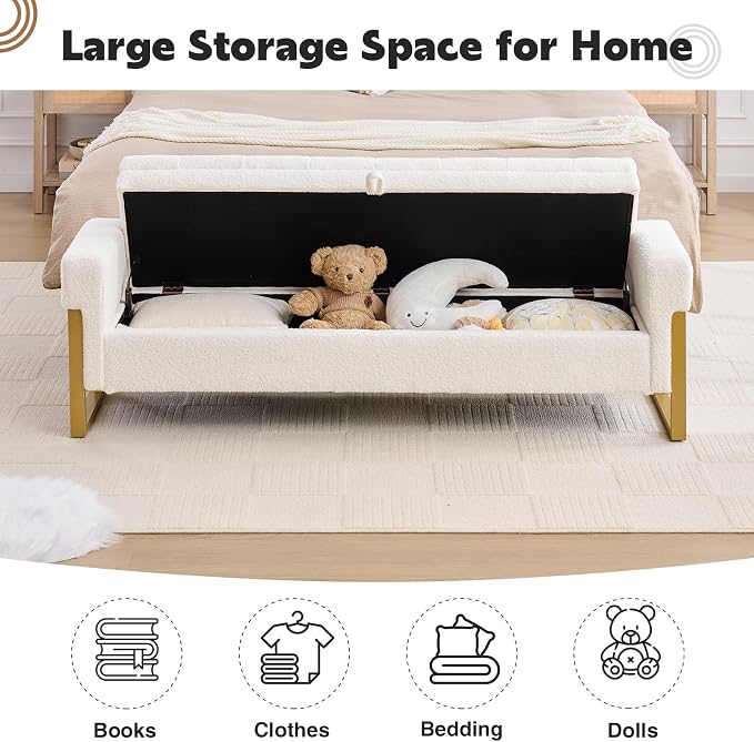 67" End of Bed Storage Bench King Size, Bench for Bedroom Foot of Bed, Upholstered Teddy Storage Ottoman with Gold Legs for Window Living Room, Teddy White