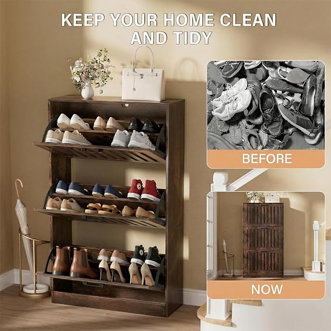 Shoe Storage Cabinet for Entryway with 3 Flip Drawers, Wooden Shoe Organizer with Adjustable Shelf, Freestanding Wood Fluted Panel Shoes Cabinet Closed Shoe Rack for Hallway, Foyer, Walnut