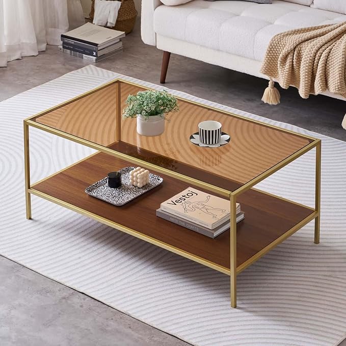 LumFurn Glass Coffee Table for Living Room and Bedroom, 2-Tier Mid-Century Modern Table with Amber Tempered Glass Top and Walnut Finish Wood Shelf, Metal Legs with Gold Finish