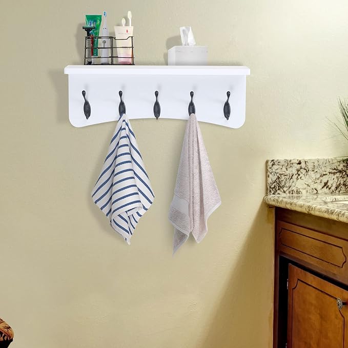 TEG01B Coat Rack Wall Mount with Shelf and 5 Hooks - 17-Inch Heavy Duty Pine Wood Entryway Rack - For Mudroom, Kitchen, Bathroom