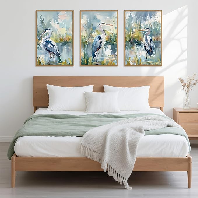HLNIUC Great Blue Heron Wall Art Set of 3, Watercolor Coastal Bird Wall Decor(24x36), Wildlife Animal Illustrations Canvas Painting, Modern Boho Nature Avian Art Prints for Living Room,Bedroom, Office