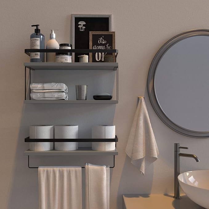 RICHER HOUSE 2+1 Tier Wall Mounted Floating Shelves Set of 2, Rustic Wood Wall Shelf with Metal Frame, Extra Storage Rack for Bathroom, Kitchen, Bedroom with Tissue Rack & Towel Bar - White Gold