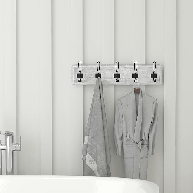 Flash Furniture Daly Wall Mounted Storage Rack - Whitewashed Solid Pine Wood - 24 Inch - 5 Hanging Hooks - For Entryway, Kitchen, Bathroom