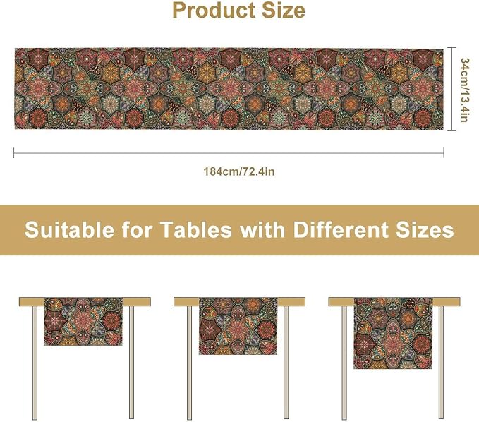 YCness Retro Mandala Table Runner Vintage Boho Table Decor Bohemian Polyester Runner for Tables Brown Farmhouse Spring Decor for Kitchen Dining Tan Tables Runner 13x36 Inch