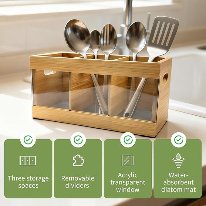 Farmhouse Bamboo Utensil Organizer - 6 Adjustable Compartments, Water-Absorbing Diatomaceous Earth Base for Kitchen Counter/Party (12.6" L x 4.8" W x 5.9" H)