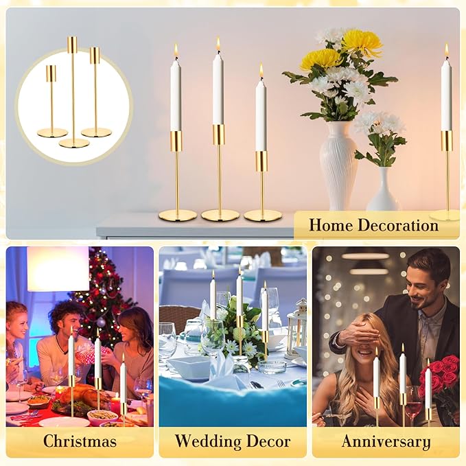 3 Piece Gold Taper Candle Holders - Modern Candlestick Holders for Wedding, Dining Table & Home Decor - Mantel Centerpiece Set for Living Room, Party