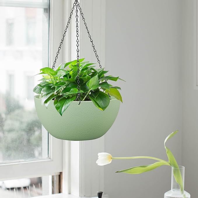 WSMKSZ 10 inch Hanging Planters for Outdoor Indoor Plants with Drainage Holes and Chain, 2 Pack Round Hanging Flower Pots for Garden Home Porch Decor,Green