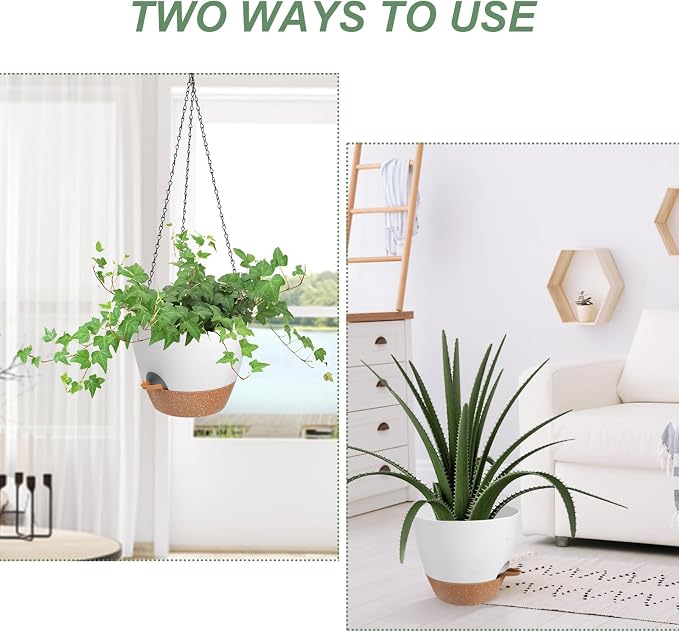 Vanslogreen Hanging Planters for Indoor Outdoor Plants, 1 Set Self Watering Hanging Pot with Drainage Holes & Removable Tray (White-12inch, 12'')