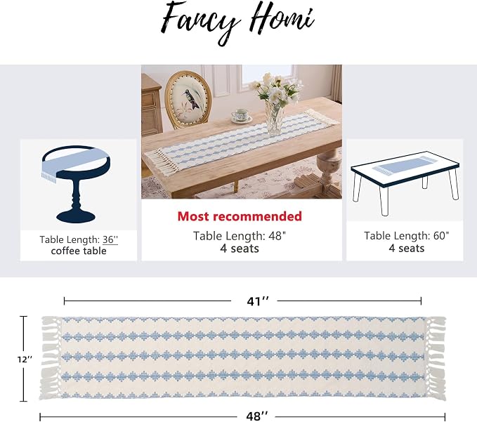 Fancy Homi Light Blue Boho Cotton Polyester Table Runner 48 Inches Long, Farmhouse Macrame Table Runners with Tassels for Home Party Bohemian Rustic Bridal Shower Kitchen Dining Decor 12x48 Inches