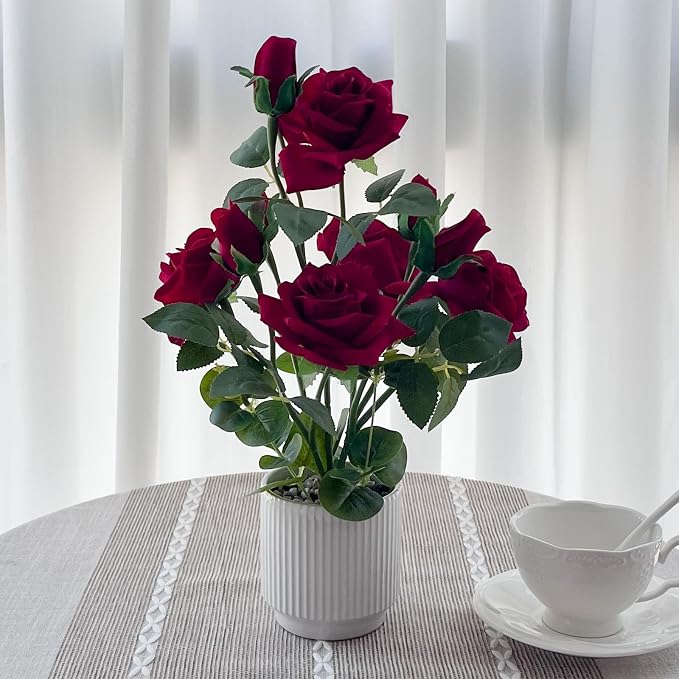 Artificial Rose Plant with Ceramic Vase,Home Decor Potted Floral Arrangement,Silk Roses Artificial Flowers (Red)