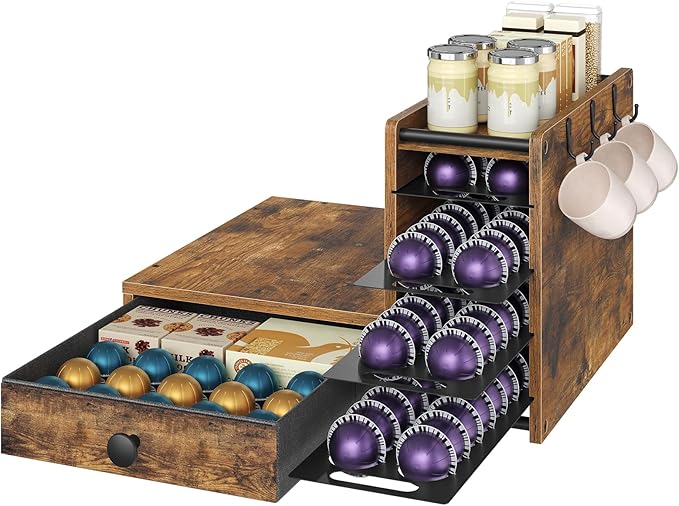 YATINEY Coffee Pod Drawer Holder, 4 Tier Holder for Vertuo, 72 Pods Large Capacity, Coffee Station Organizer with Storage Drawer and 3 Hooks, Rustic Brown and Black KH02BR