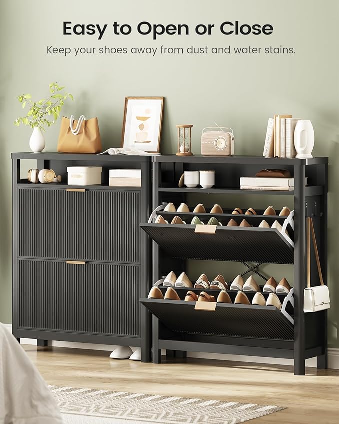 AOGLLATI Shoe Cabinet Storage,Narrow Fluted Shoe Rack Cabinet with 2 Flip Drawers, Wooden Freestanding Organizer with Open Storage Space for Entryway,Black