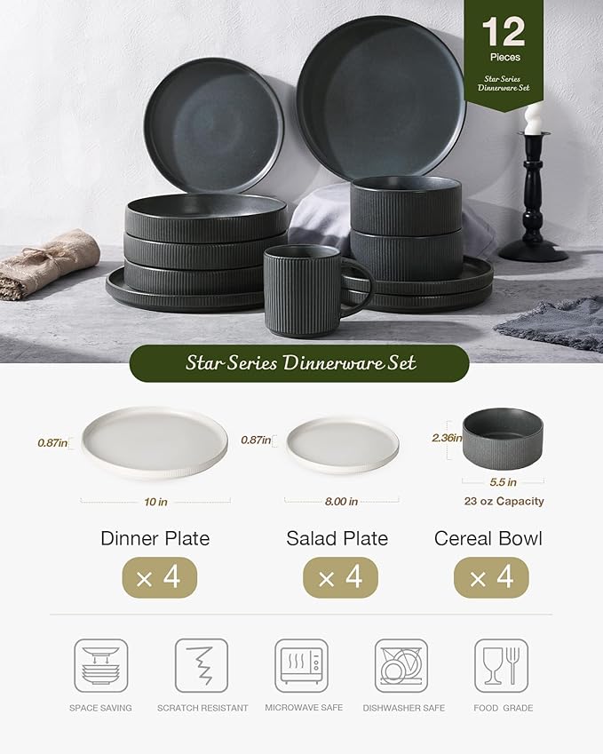 Famiware Star 12-Piece Stoneware Dinnerware Sets for 4, Reactive Glaze Plates and Bowls, Modern Rustic Dishes for Everyday/Formal Use, Chip/Scratch Resistant, Microwave/Dishwasher Safe, White & Black