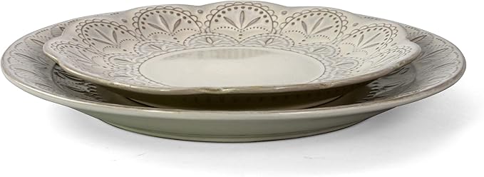 Elama White Lace 16 Piece Round Scallop Stoneware Dinnerware Set in White