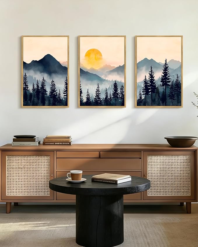 PHOPAGO Blue Fog Pine Tree Mountain Landscape Framed Wall Art Large 16x24in Retro Watercolor Nature Misty Forest Artwork Paints Sun Rise Rustic Farmhouse Home Decor - Natural Framed