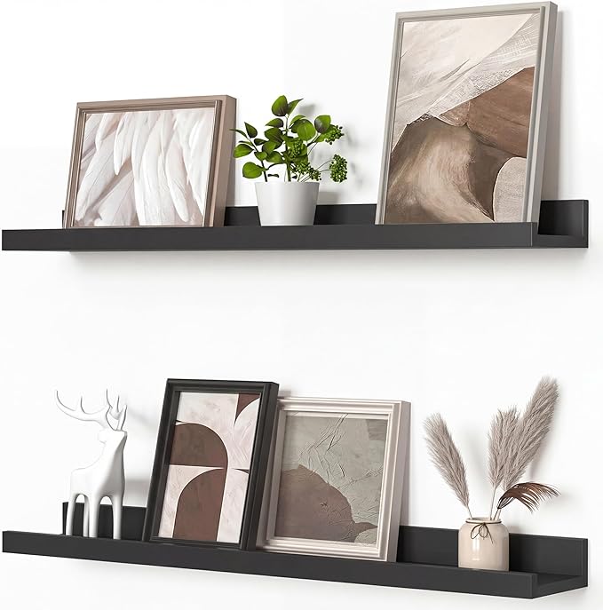Heimlove Picture Ledge Shelf, Floating Shelves Set of 2, 27.56Inches Picture Shelf for Wall with Ledge, Kids Bookshelf Wall Mounted for Living Room Bedroom Decor Books Photo Frames - Black