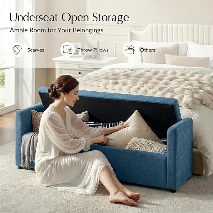 HULALA HOME 59" Storage Bench with 2 Throw Pillows, Modern Long Bedroom Bench for End of Bed, Comfy Upholstered Footstool for Entryway Living Room, Teal