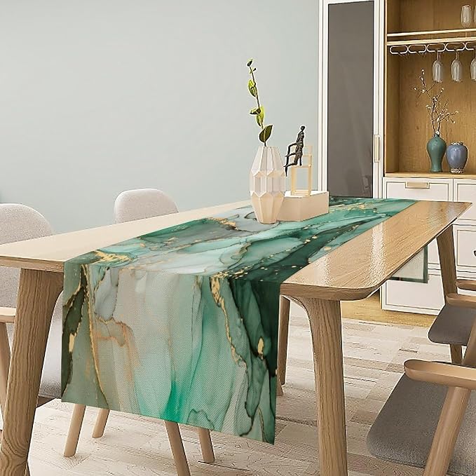 Marble Table Runner,Abstract Green Jade Gold Luxury Flow Liquid Modern Home Vintage Stone Pattern Table Runner for Coffee Table Dining Room Table Bedroom Party Holiday Decor 13x60inch