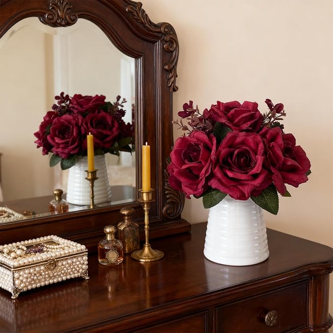 Elegant Artificial Red Rose Bouquet in White Ceramic Ribbed Vase, Silk Floral Arrangement for Home Decor, Wedding Centerpiece, Living Room Decoration