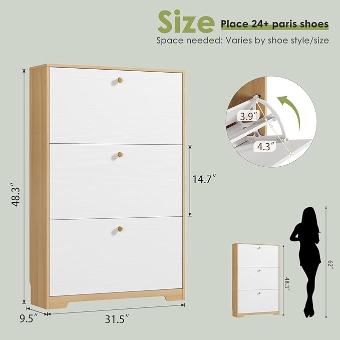 Nicetree Shoe Storage Cabinet for Entryway, Modern Shoe Cabinet, Freestanding Shoe Rack Cabinet, Hidden Shoe Dresser for Hallway, Foyer, Natural Oak and White