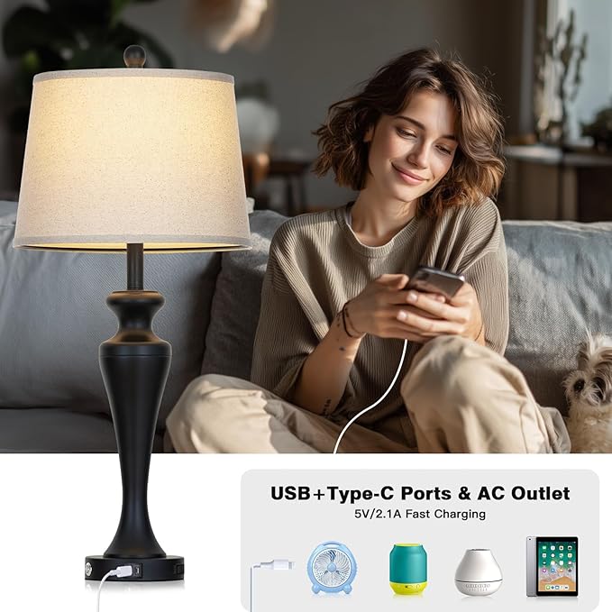 30" Black Table Lamps Set of 2, Touch Control Tall Living Room Lamp with USB A+C Ports and AC Outlet, 3-Way Dimmable Bedside Lamps for Nightstand, Modern Metal Bedroom Lamp, 2 Bulbs Included