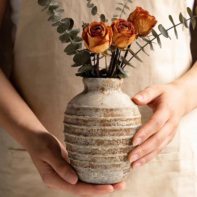 DOWAN Terracotta Ceramic Vase 6.6 Inch, Small Rustic Decorative Pottery Vase for Home Decor, Farmhouse Centerpiece Vase for Living Room Table Mantel Fireplace, Antique Earth Tone